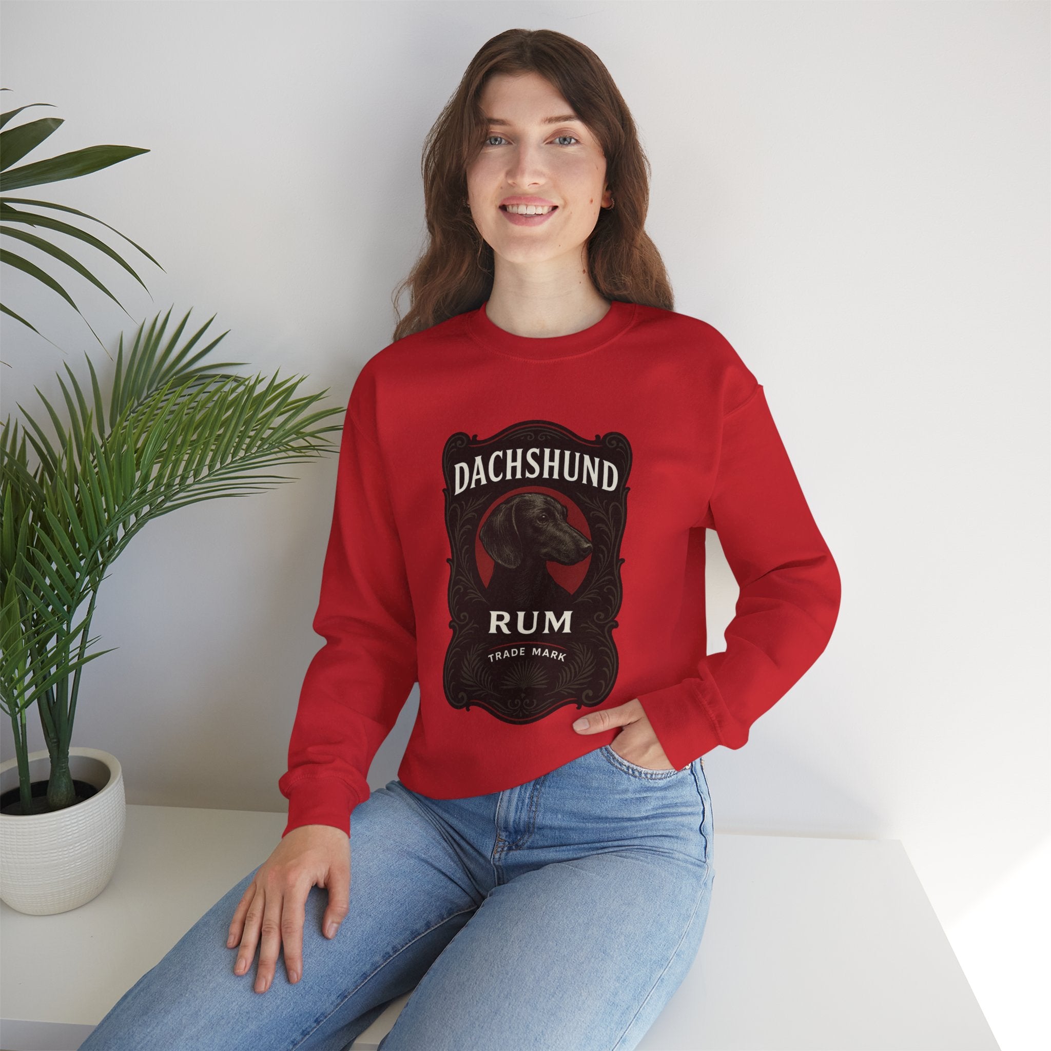 Dachshund Rum Crewneck Sweatshirt — Vintage Dog Label Graphic