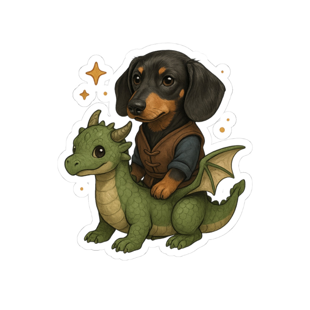 Dachshund Dragon Rider Sticker — Cute Fantasy Dog Kiss-Cut Sticker