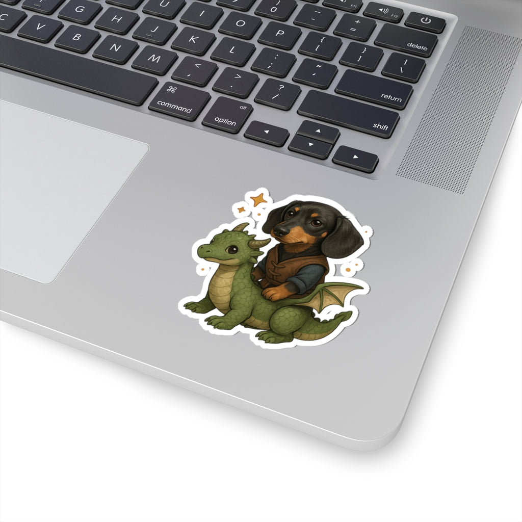Dachshund Dragon Rider Sticker — Cute Fantasy Dog Kiss-Cut Sticker