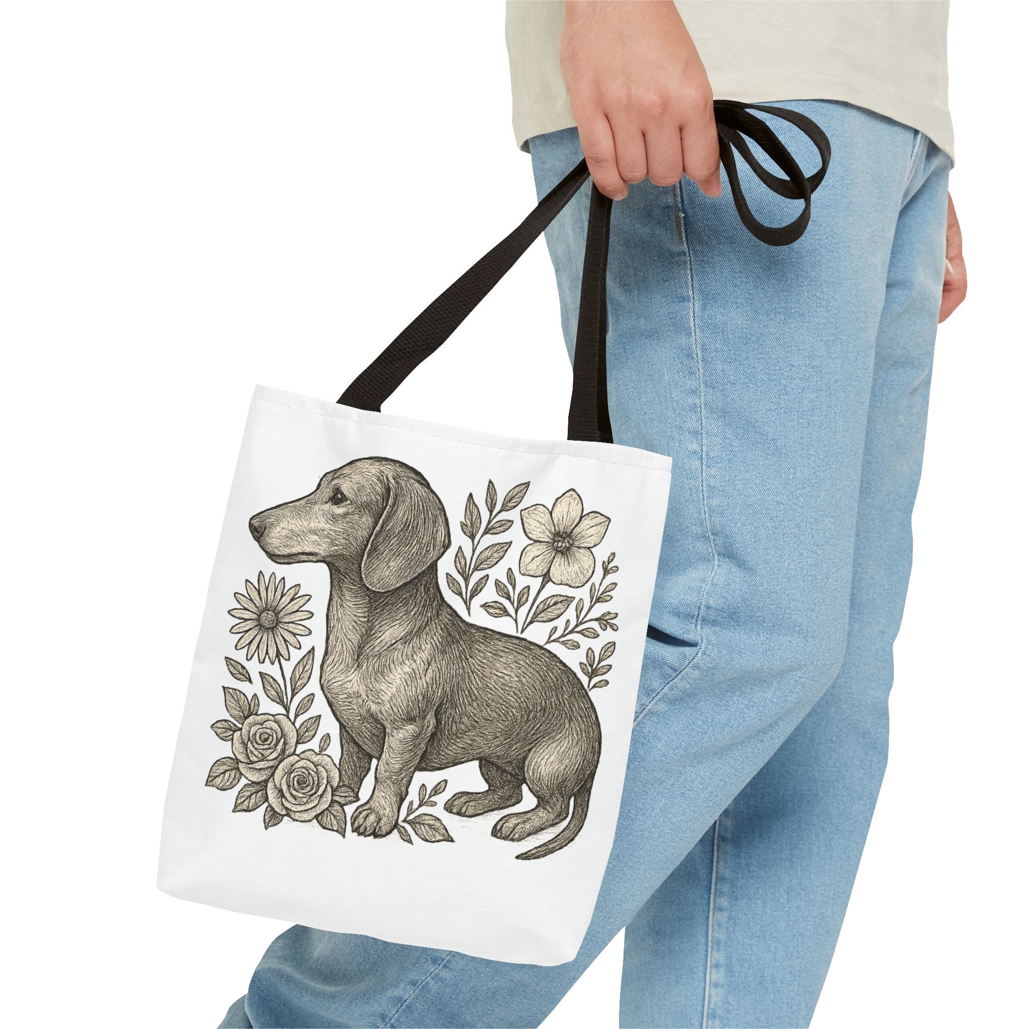 Dachshund Floral Tote Bag — Vintage Dog Illustration Canvas Tote