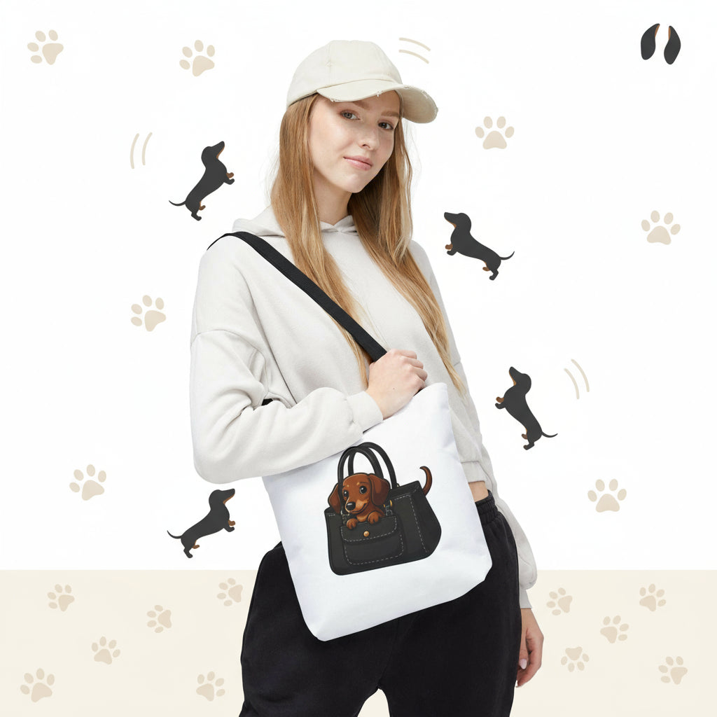 Person holding a white tote bag with a black handbag and dog design on a white background