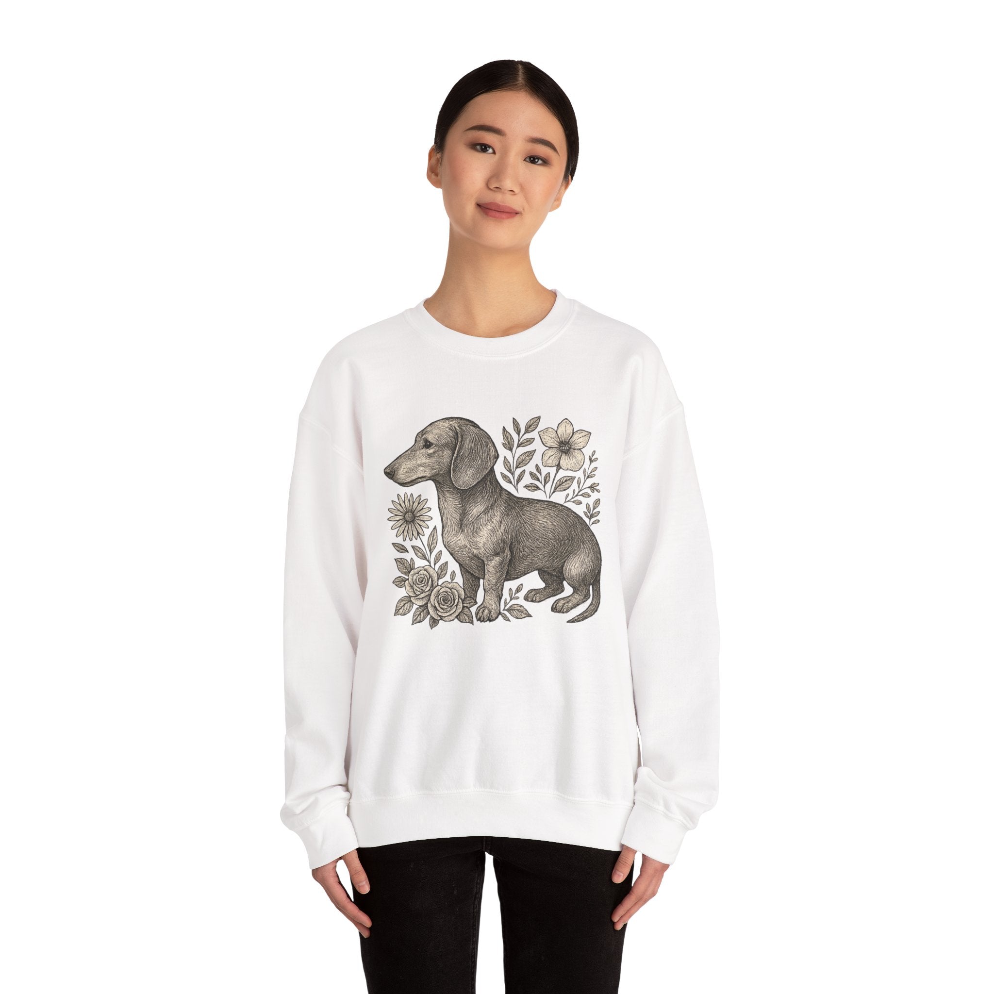 Dachshund Floral Crewneck Sweatshirt — Vintage Dachshund Illustration