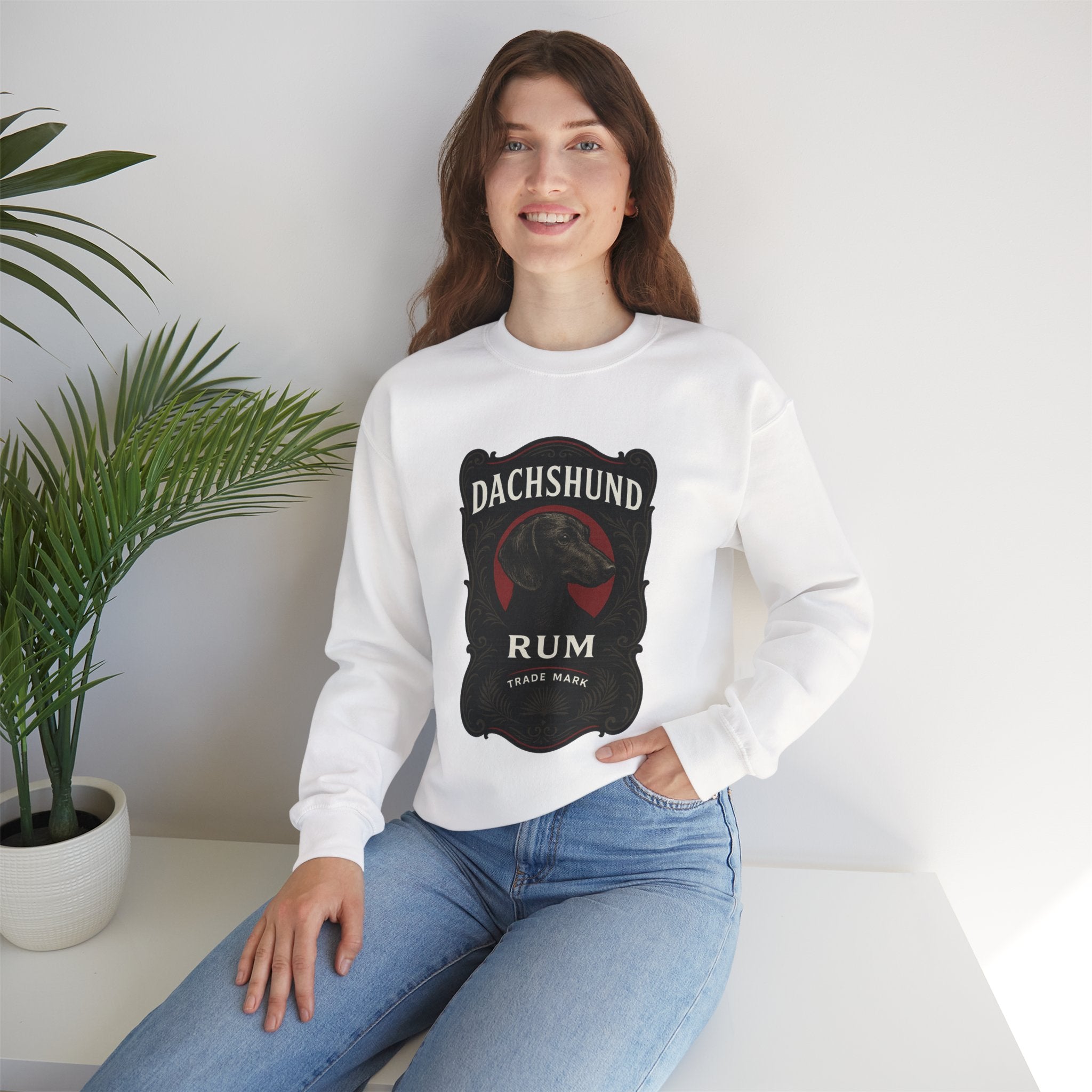 Dachshund Rum Crewneck Sweatshirt — Vintage Dog Label Graphic