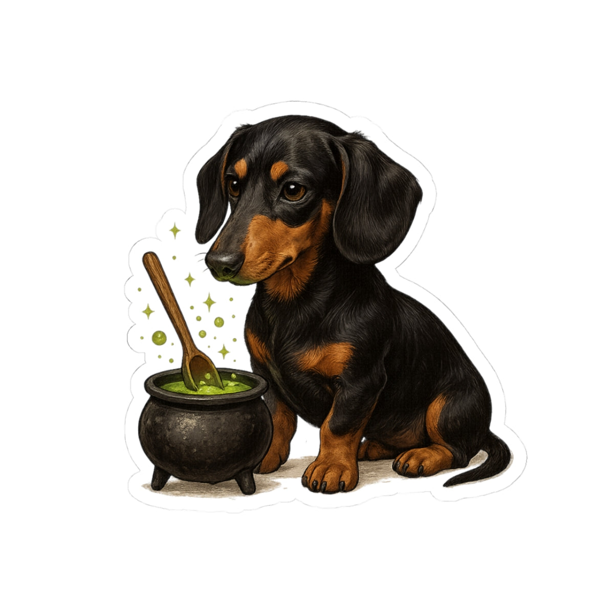 Dachshund Witch Sticker — Cute Wiener Dog with Potion Cauldron Kiss-Cut Decal