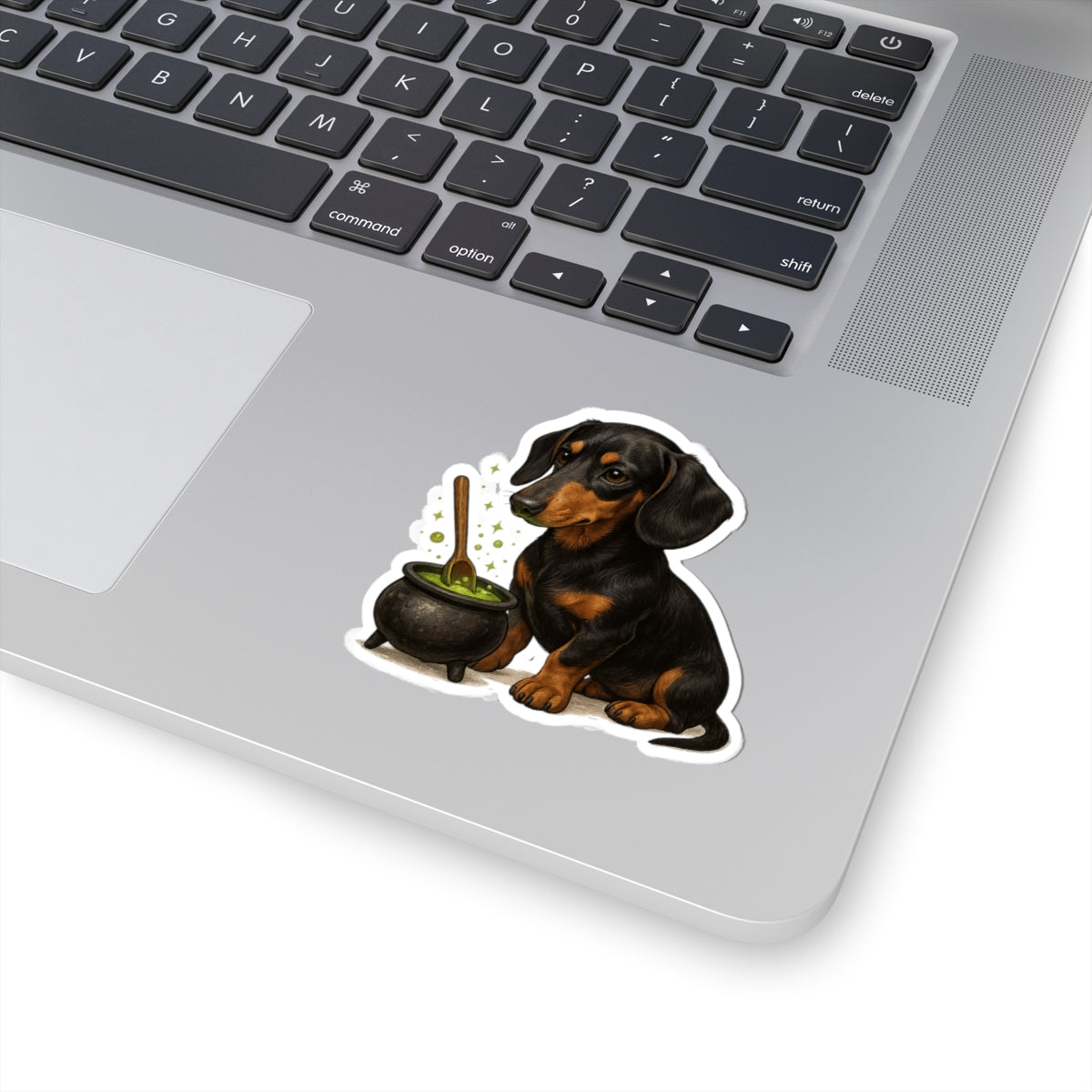Dachshund Witch Sticker — Cute Wiener Dog with Potion Cauldron Kiss-Cut Decal