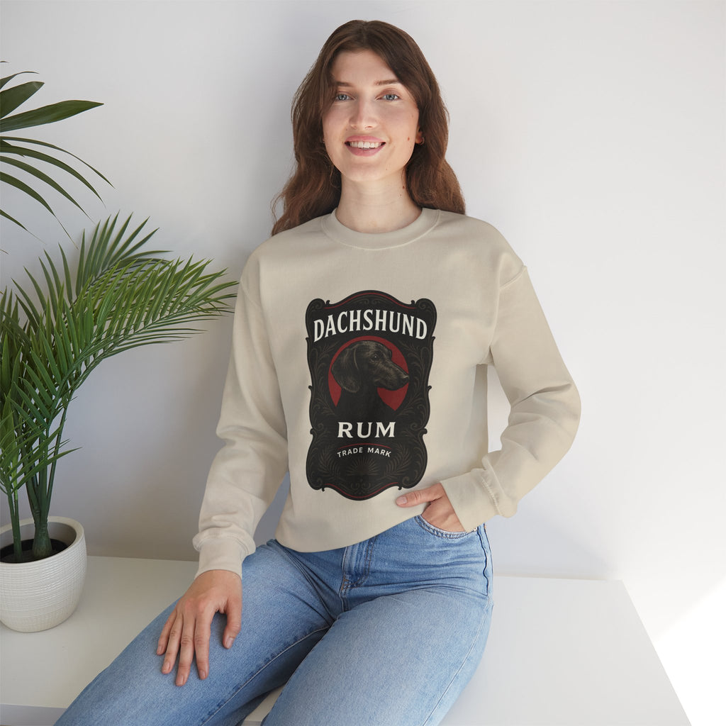 Dachshund Rum Crewneck Sweatshirt — Vintage Dog Label Graphic