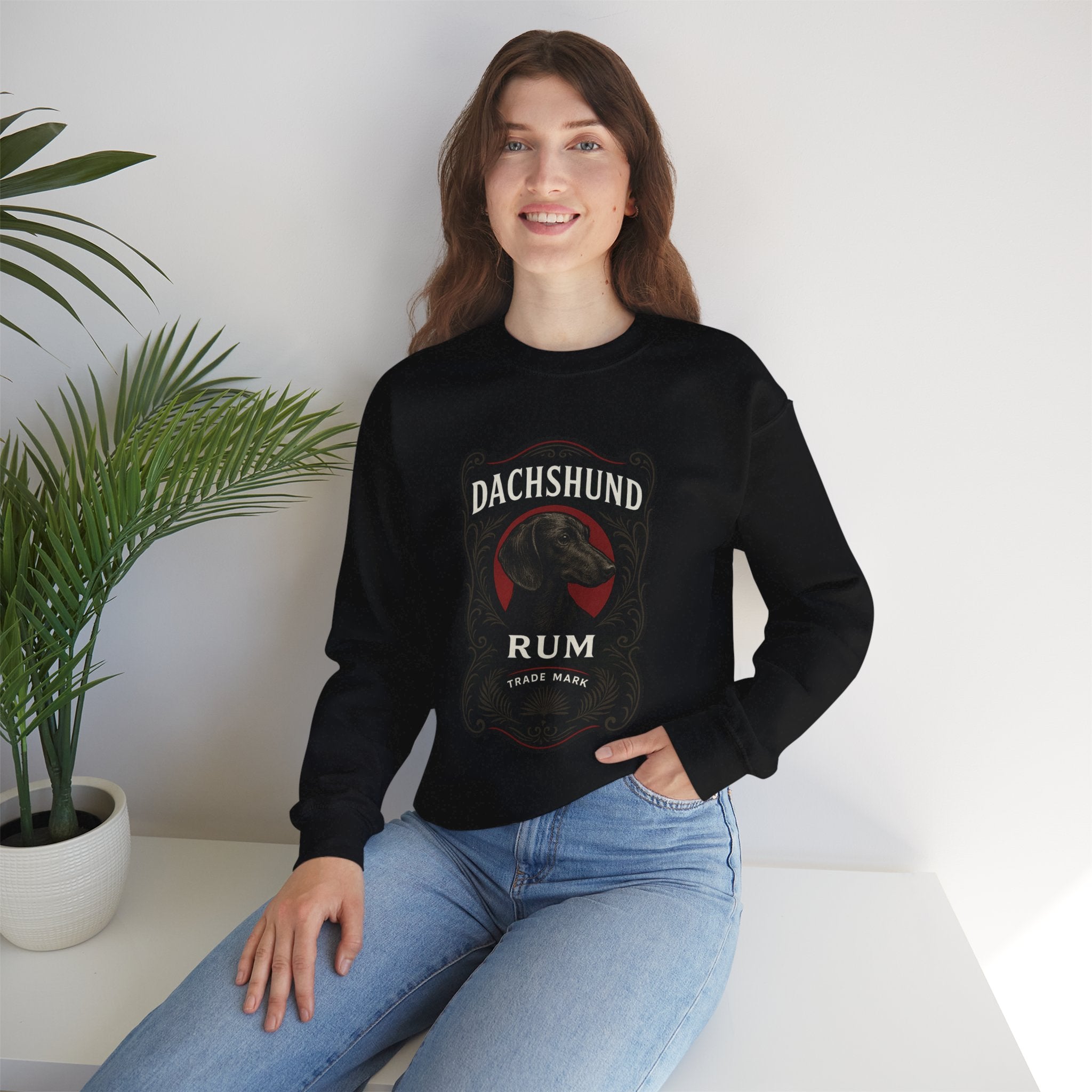 Dachshund Rum Crewneck Sweatshirt — Vintage Dog Label Graphic